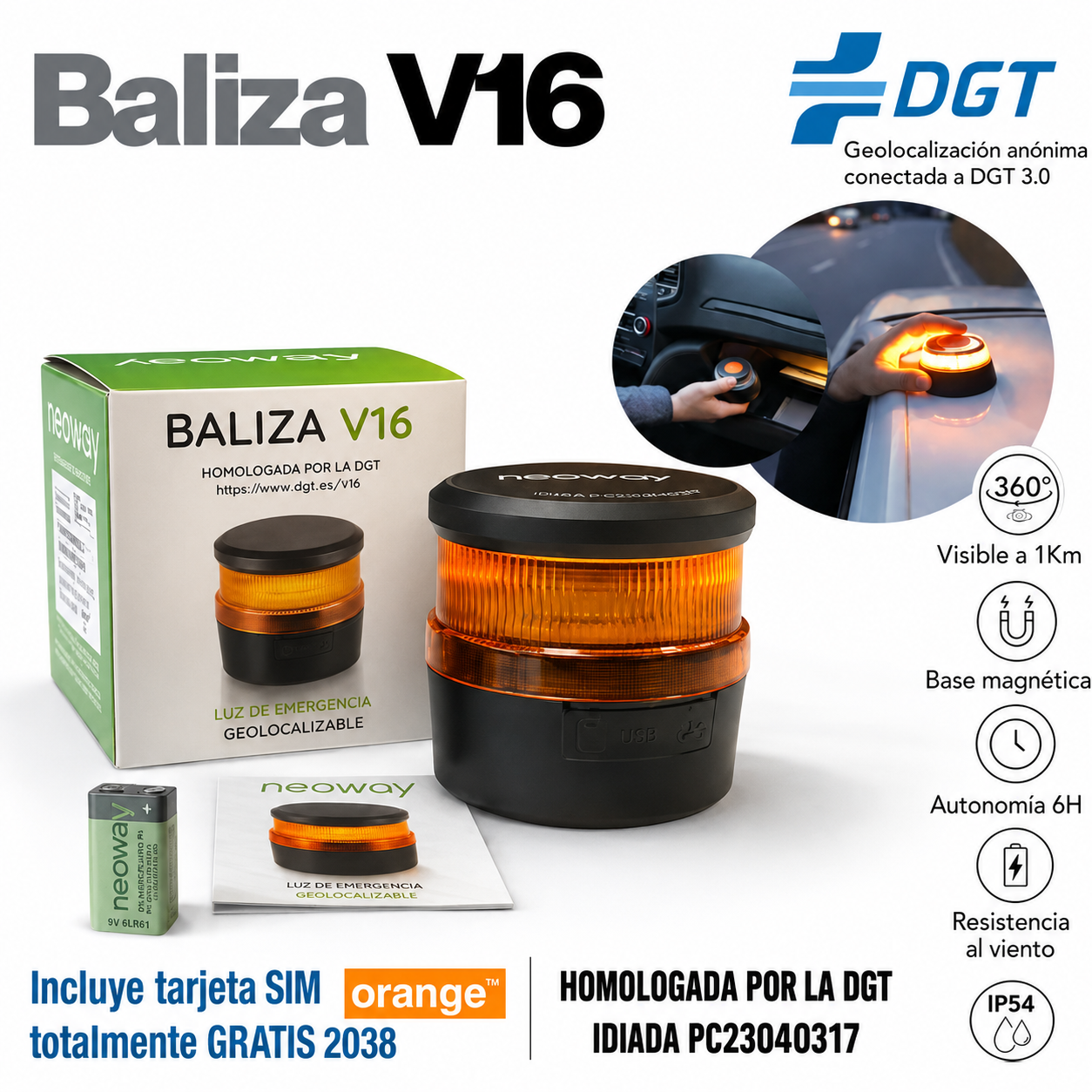 Luz de Emergencia Baliza V16 Homologada DGT con Geolocalización